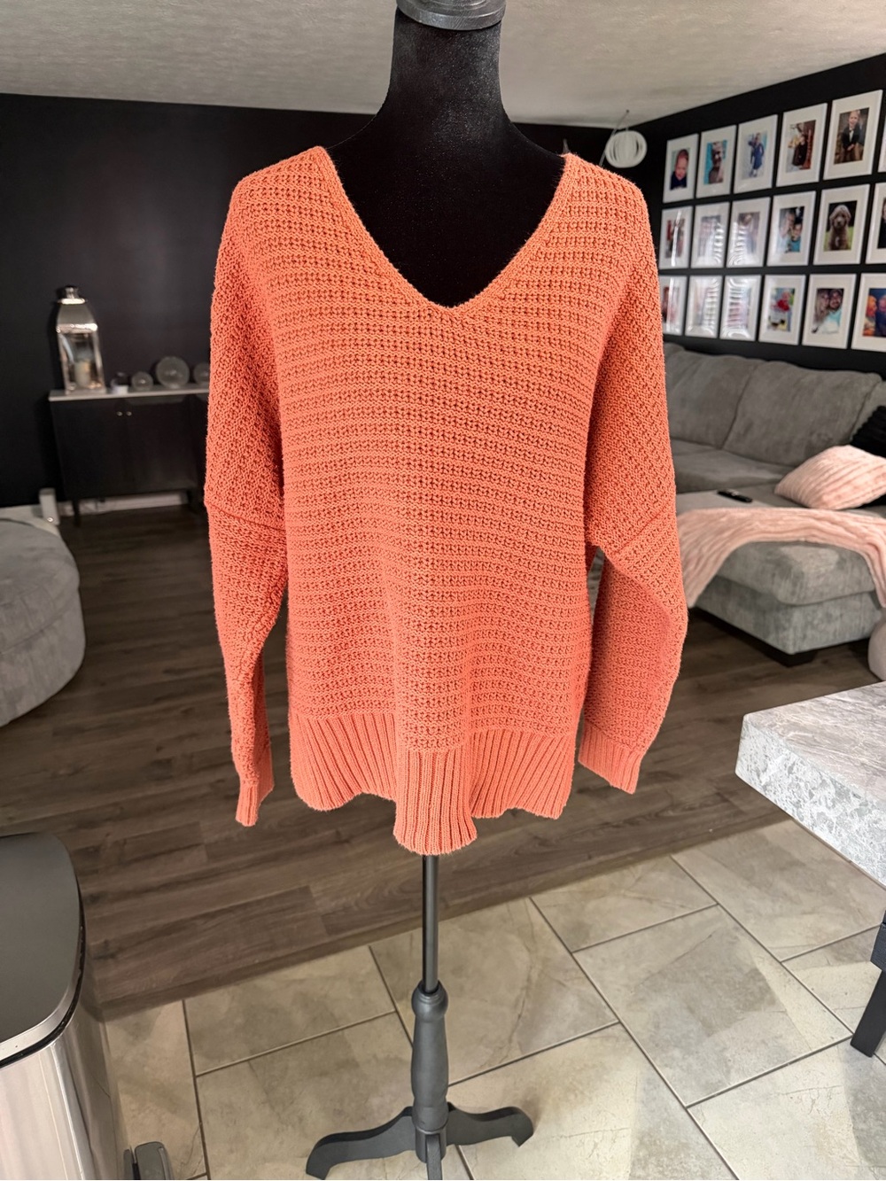Rachel Zoe XL Coral Orange Open Knit V-Neck Oversized Pullover Sweater - Picture 2 of 5